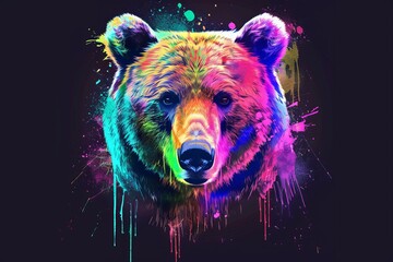 Sticker - The pop art picture shows a bear's head framed by neon and watercolor splashes on a black background