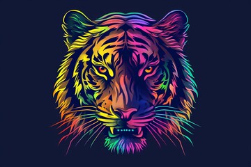 Wall Mural - An illustration of the Tiger uses neon colors and watercolor splotches set against a black backdrop in a pop art style.