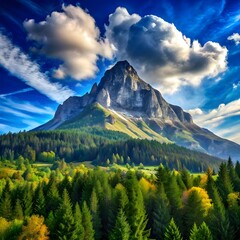 a mountain is surrounded by trees and a blue sky w