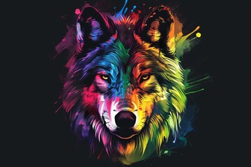 Wall Mural - In pop art watercolor style, an abstract portrait of a wolf's head is created on a black background with neon colors.