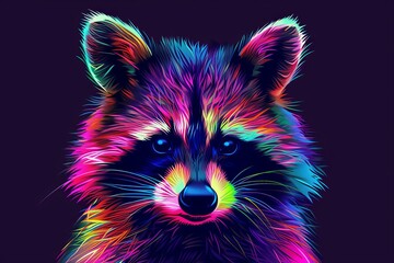 Wall Mural - A raccoon is portrayed abstractly, neon-colored, and multicolored on a black background in the style of Pop Art.