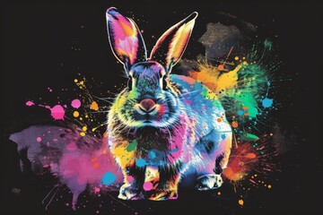 Wall Mural - With watercolor splatters, this rabbit is painted in bright neon colors on a black background.