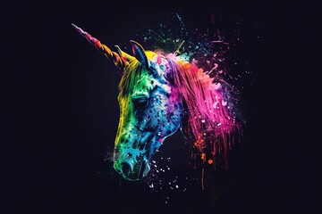 Pop art unicorn with neon neon colors on black with watercolor splatters on black background.