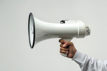 A person holding a megaphone ,white background