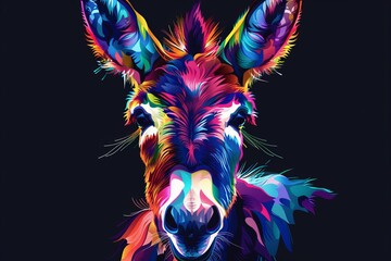 Wall Mural - In this digital artwork, a donkey is depicted in neon colors against a black background with watercolor splatters.