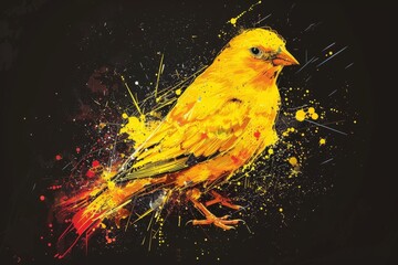 Wall Mural - This CG artwork features splatters of watercolor and a neon canary bird portrait on a black background.