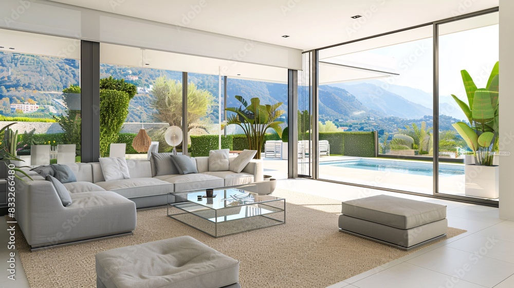 modern living room with large windows and a view of the garden and pool ...