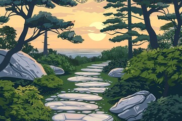 Serene forest pathway with stone steps leading to a scenic sunset view over the ocean. Vibrant greenery surrounds the tranquil path.