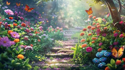 Wall Mural - The background was filled with a beautiful garden, bursting with colorful flowers in full bloom and butterflies fluttering around, creating a vibrant and lively scene.