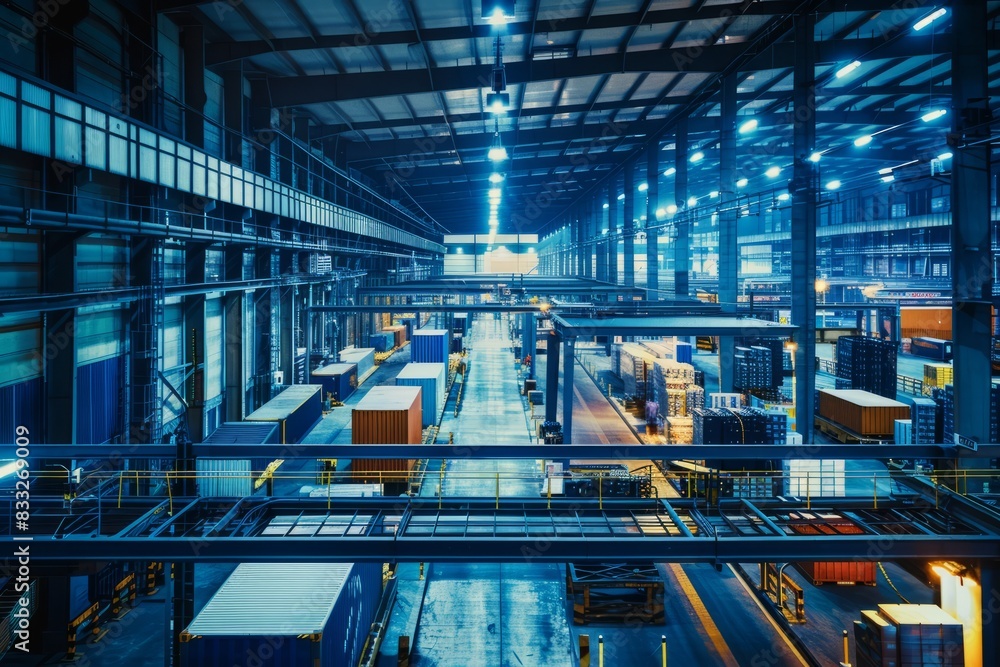 Professional Photography of a distribution center at night, illuminated ...