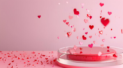 Wall Mural - Empty white cylinder podium with pink border, hearts balloons, circle on arch and copy space background. Valentine's Day interior with pedestal.