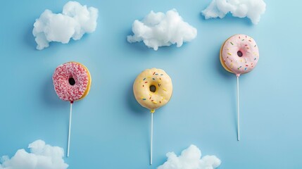 colorful donuts on blue background, creative food minimalism, donuts in a shape of balloon in the sk