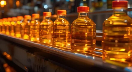 Wall Mural - Vegetable oil-filled glass bottles on conveyor belt in factory. Concept Manufacturing Process, Food industry, Factory Automation, Conveyor Systems, Industrial Production