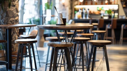 Poster - The bar table with high stools, set in a trendy pub, offering a casual spot for drinks and conversation with friends.