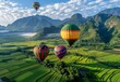 © pornsawan - Colorful hot air balloons over green rice field,Hot Air Balloon Ride in blue sky white clouds background for wide banner of travel agency or adventure tour,Aerostat flying above clouds.