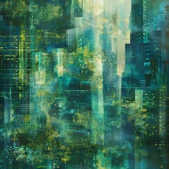 Sticker - Cityscape that blends architectural elements with natural forms, illustrating a futuristic city where urban living nature coexist beautifully, palette of greens, blues, and earth tones, ai generated