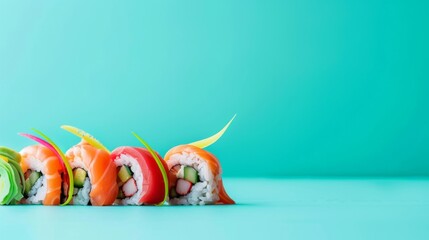 Wall Mural - A composition of sushi on a blue background focusing on the brightness of colors and the appetizing look of the dishes