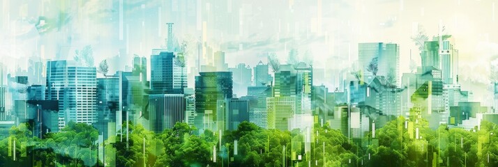 Wall Mural - Cityscape that blends architectural elements with natural forms, illustrating a futuristic city where urban living nature coexist beautifully, palette of greens, blues, and earth tones, ai generated