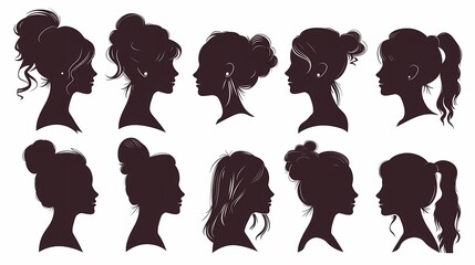 Wall Mural - set of illustrations of silhouettes of women's heads from the side