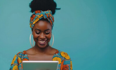 Wall Mural - African woman, tablet and space in studio for mockup with reading on app, study or quiz by blue background. Person, girl and student with digital touchscreen, online course or elearning for education