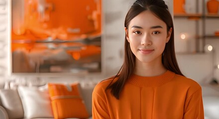 Poster - Happy Japanese millennial model in cozy home living room looking at camera. Concept Millennial Lifestyle, Japanese Culture, Home Photography, Portrait Poses