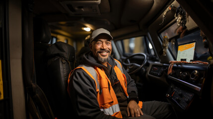 A cheerful truck driver with a warm smile sits in the cabin of his truck, showcasing a friendly demeanor