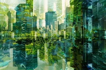 Wall Mural - Cityscape that blends architectural elements with natural forms, illustrating a futuristic city where urban living nature coexist beautifully, palette of greens, blues, and earth tones, ai generated