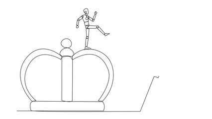 Wall Mural - Animation of single continuous line drawing smart robot kicks opponent who is climbing the crown with a ladder. Making rivals fall from business glory. Unhealthy competition. Full length motion