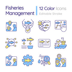 Wall Mural - Fisheries management RGB color icons set. Fishing restriction, vessel registration. Fishery policy. Isolated vector illustrations. Simple filled line drawings collection. Editable stroke