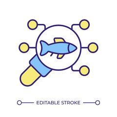 Sticker - Fisheries monitoring RGB color icon. Fish analysis, aquatic ecosystem. Data collecting, biodiversity monitoring. Isolated vector illustration. Simple filled line drawing. Editable stroke