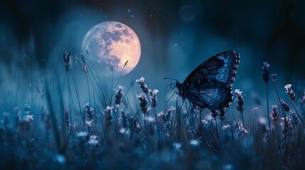 Poster - Butterfly in the grass on a meadow at night in the shining moonlight 