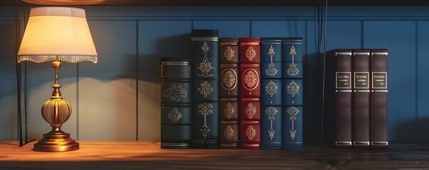 Wall Mural - A book series mockup showing three different volumes with cohesive cover designs, on a bookshelf