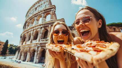 two beautiful young women having fun and eating pizza at coliseum in rome. italian cuisine, restaura
