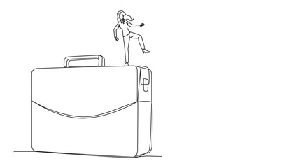 Wall Mural - Animated self drawing of single continuous line drawing businesswoman kicks opponent who is climbing the briefcase with a ladder. Keep away from intruders. Rival. Full length single line animation