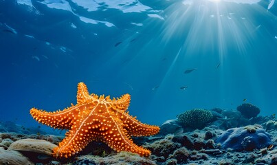 Wall Mural - Orange sea star in clean underwater ocean, Generative AI