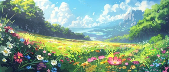 Beautiful cartoon landscape with wildflowers, a bright sky, and distant mountains, capturing a serene and peaceful summer day.