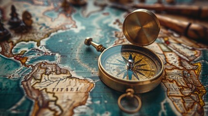 Travel geography navigation concept background - old vintage retro compass with sundial and spyglass on ancient world map