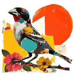 Retro Collages whit a happy bird collage art animal.