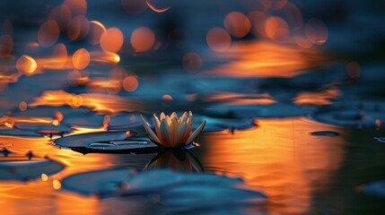 Wall Mural -  A lily pad resting on a still lake, Textured macro with bokeh, Twilight hues on water, Extraordinarily clear, a fiery trail marks the nocturnal expanse
