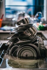 Canvas Print - A pile of a bunch of dishes sitting in water, AI