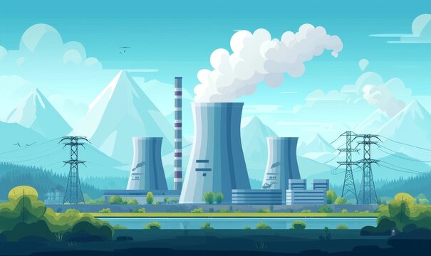 atomic nuclear reactor or power plant refinery industrial factory with cooling towers and smoke chimney as wide banner background with information, Generative AI