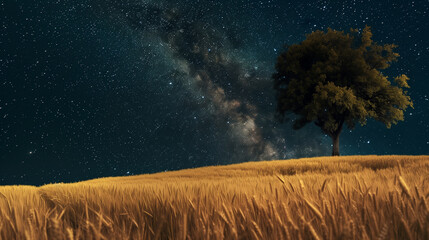 A large wheat field under the starry sky, with an old tree in the center of it. The grass is golden yellow and lush, creating a beautiful contrast against the dark night sky. There a no other elements