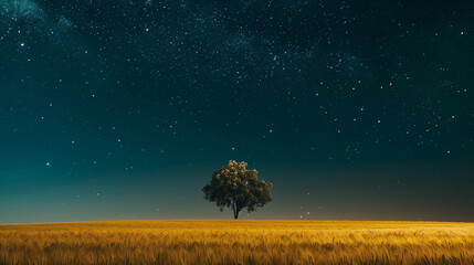 A large wheat field under the starry sky, with an old tree in the center of it. The grass is golden yellow and lush, creating a beautiful contrast against the dark night sky. There a no other elements