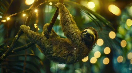 Wall Mural - a sloth hangs lazily from a jungle branch, high-magnification with bokeh