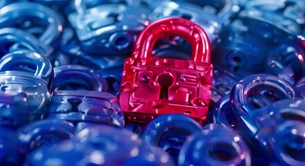 Wall Mural - Cybersecurity breach: Red padlock stands out among blue ones. Concept Cybersecurity breach, Red padlock, Blue padlocks, Data protection, Network security