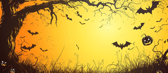 Wall Mural - Halloween Fullmoon Banner, Witch, Haunted House, Pumpkins and Bats.