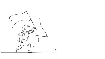 Wall Mural - Animation of continuous one line drawing young energetic astronaut running and holding flag beside big horse knight chess. Business achievement goal, metaphor concept. Full length motion