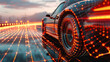 © Goodwave Studio - Modern aesthetic, low, back wheel, side on view from behind, car on neon laser gridlines driving towards horizon. 3D 80s retro wave, futuristic, clear, beautiful, isolated, futurism, copy space
