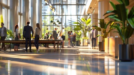 The photo shows a group of diverse business professionals in a modern office space. They are dressed in business casual attire and are engaged in conversation and walking around. The office space is