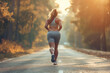 © SKT Studio - Portrait of a plus size women, overweight figure, wearing workout clothes, running in the morning with soft morning sunlight, photographed from behind, health concept